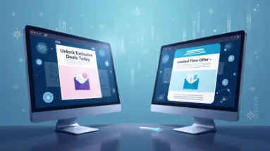 Create an image showcasing a split-screen comparison of two email interfaces, each featuring a different subject line. The left side shows an email with th