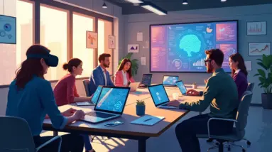 Create an image depicting a modern, sleek workspace with a diverse team of professionals collaborating around a table filled with various affordable AI too