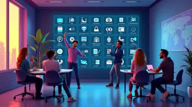 Create an image of a modern workspace where a group of diverse entrepreneurs are enthusiastically collaborating. On a large screen in the background, displ