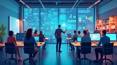 Create an image depicting a modern small business office setting filled with various AI tools and technologies. Include a diverse group of employees workin