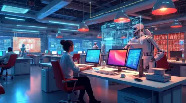 Create an image that showcases a futuristic workspace for a small business, filled with various sleek, modern AI-powered tools and gadgets designed to enha