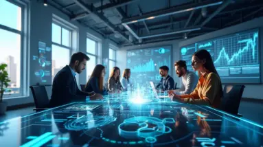 Create an image of a futuristic office environment where diverse professionals are collaborating around a digital table filled with holographic displays of