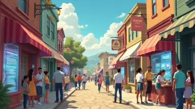 A bustling small-town street lined with charming shops, each displaying signs of various small businesses. In front of these shops are holographic displays